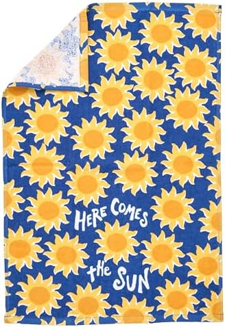 Ritz 4-Piece Kitchen Towel Set, Here Comes the Sun & Le Soleil Sunset Prints with Yellow & Navy Blue Textured Terry, 100% Cotton & Absorbent Blend, 16" x 26", Coastal Summer Kitchen Decor