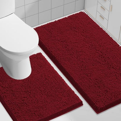 Smiry Chenille Bathroom Rugs Sets 2 Piece (30x20+ U Shape 24x20, Red)