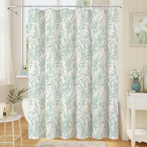 Teal Boho Linen Fabric Shower Curtain , Farmhouse Floral For Bathroom
