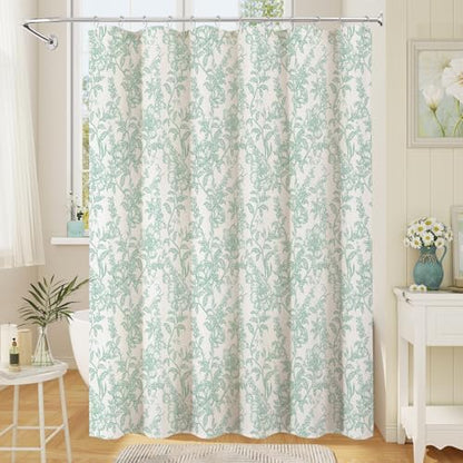 Teal Boho Linen Fabric Shower Curtain , Farmhouse Floral For Bathroom
