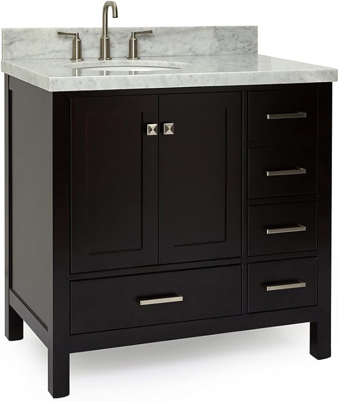 ARIEL Cambridge 36-inch Bathroom Vanity with Sink,Solid Wood, 1.5-inch Italian Carrara Marble Countertop & Backsplash, Single Oval Porcelain Sink, 2 Soft Closing Doors, 5 Dovetail Drawers, Espresso