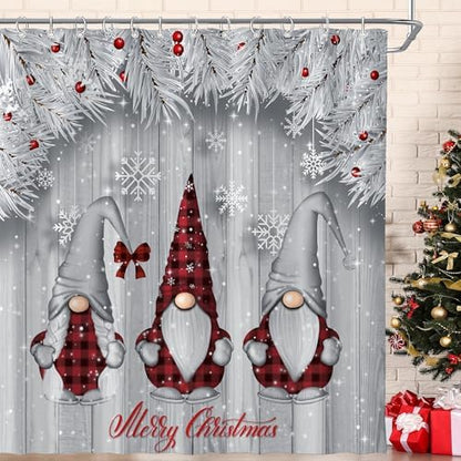Winter Christmas Shower Curtain for Bathroom 72W*72H Inch Silver Snow Gnomes Rustic Grey Wood Plank Farmhouse Gray Xmas Balls Tree Holiday Decorations Bathtub Decor Waterproof Polyester Fabric Set