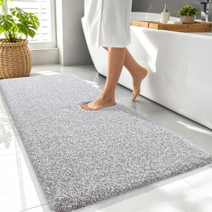 OLANLY Microfiber Bathroom Rugs 47x24, Quick Dry Mat, Light Grey and White