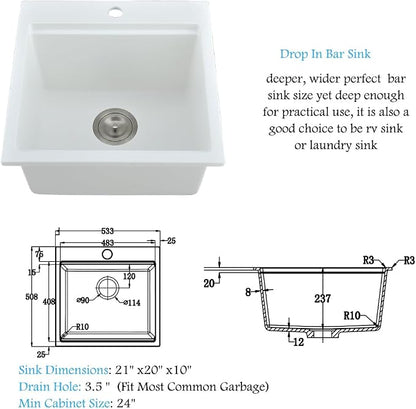 21 Inch White Bar Sink Drop In Quartz Workstation Outdoor RV Sink | 21x20 White Drop In Kitchen Sink, Single Bowl Wet Bar Sinks with Cutting Board,Resistant to Stain, Heat, Chipping