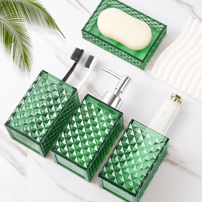 RYTOXILO Green Bathroom Accessories Set, 4 Pack Green Bath Accessory Sets Complete, Acrylic Soap Dispenser and Toothbrush Holder Set for Bathroom Counter Sink, Modern Bathroom Decor