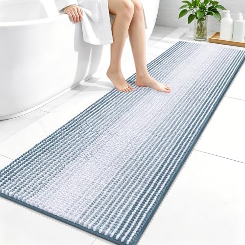 OLANLY Bathroom Runner Rugs 59x20, Chenille Striped Bath Rugs, Airy Blue
