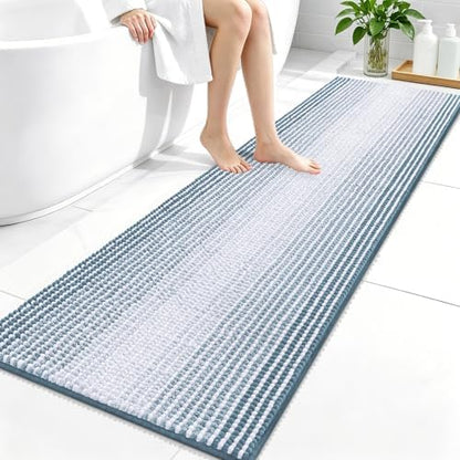 OLANLY Bathroom Runner Rugs 59x20, Chenille Striped Bath Rugs, Airy Blue