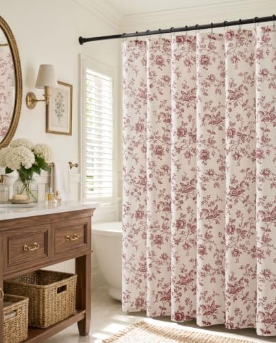 jinchan Linen Shower Curtain for Bathroom with 12 Hooks, Red, 70x72