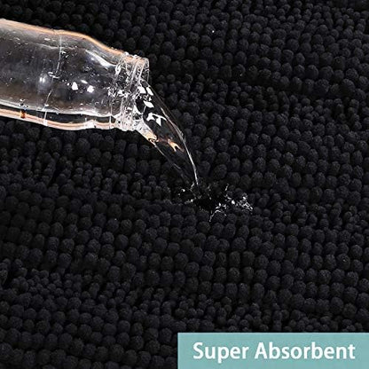 Turquoize Non Slip Black Bathroom Rug Extra Long Chenille Bath Rug 47x17 Super Water Absorbent & Soft Washable Shaggy Bath Rug for Bathroom, Black