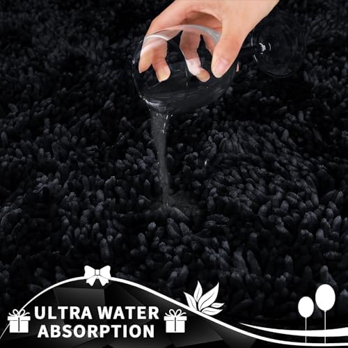 Yimobra Toilet Rugs U Shaped Washable, Extra Thick Soft Absorbent Chenille Contour Bathroom Rugs for Toilet 24x20 Inch, Quick Dry Non Slip Toilet Mat for Bath Floor, Black