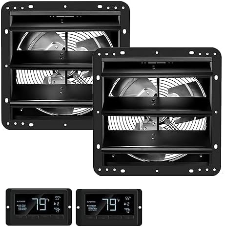iPower Shutter Exhaust Fan, 12-inch with Temperature Humidity Controller – Wall Mount Ventilation and Cooling for Sheds, Attics, Workshops,2-Pack