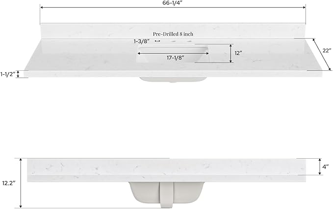 ARIEL 66 inch Bathroom Vanity top with Sink, 1.5 Inch Thick Miter Edge Carrara White Quartz top, Rectangle Single Porcelain Sink, Includes Backsplash