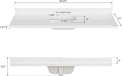 ARIEL 66 inch Bathroom Vanity top with Sink, 1.5 Inch Thick Miter Edge Carrara White Quartz top, Rectangle Single Porcelain Sink, Includes Backsplash