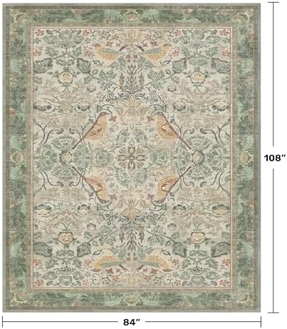 Hazo Haus Washable Living Room Rug 7x9 - Sage Floral Nature Rugs for Bedroom, Dining Room Kitchen Table Rug for Under Table, Office, Stain Resistant Non-Slip Large - Sage Green/Beige