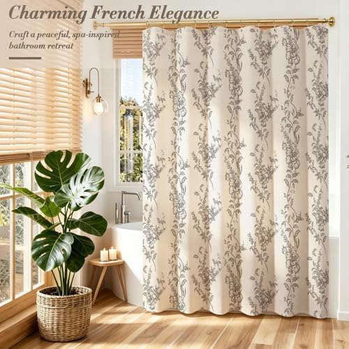 Black Linen Farmhouse Shower Curtain, Boho Floral Bathroom 72x78