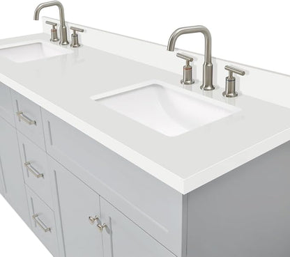 DKB Bradford 72 Inch Bathroom Vanity Double Sink — Grey Bathroom Vanity with Sink, 1.5" Edge Pure White Quartz Countertop & Backsplash, 4 Soft-Close Doors, and 3 Dovetail Drawers