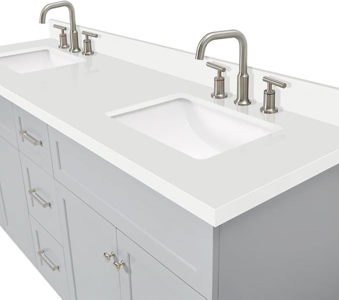 ARIEL Hamlet 72-inch Bathroom Vanity with Sink,Solid Wood, 1.5-inch Pure White Quartz Countertop & Backsplash, Double Rectangular Porcelain Sink, 4 Soft Closing Doors, 3 Dovetail Drawers, Grey