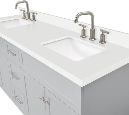 ARIEL Hamlet 72-inch Bathroom Vanity with Sink,Solid Wood, 1.5-inch Pure White Quartz Countertop & Backsplash, Double Rectangular Porcelain Sink, 4 Soft Closing Doors, 3 Dovetail Drawers, Grey