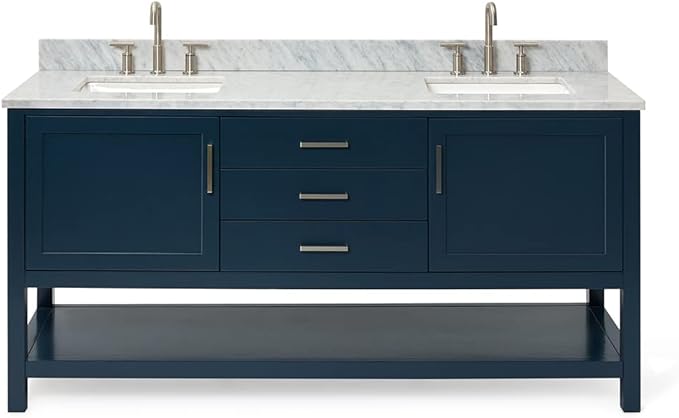 ARIEL Bayhill 72-inch Bathroom Vanity with Sink,Solid Wood, 0.75-inch Italian Carrara Marble Countertop, Double Rectangular Porcelain Sink, 2 Soft Closing Doors, 3 Dovetail Drawers, Midnight Blue