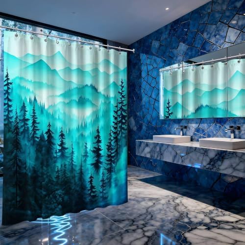 Dark Teal Forest Shower Curtain, 60X72 in, Mountain Rustic Pine Tree