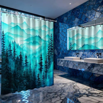 Dark Teal Forest Shower Curtain, 60X72 in, Mountain Rustic Pine Tree