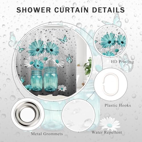 Teal Daisy Shower Curtain for Bathroom Decor, 72W X 72L inches