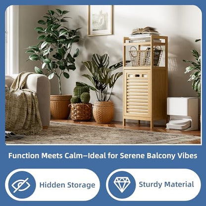 HITNET Tilt Out Laundry Hamper, Bamboo Laundry Basket with Foldable Bag and 2 Open Shelves, Freestanding Clothes Storage Organizer for Bedroom, Bathroom, Living Room, Natural