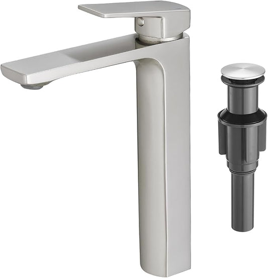 VOTON Brushed Nickel Vessel Sink Faucet Single Handle Tall Bathroom Sink Faucet Vanity Bathroom Faucet Basin Mixer Tap with Water Supply Hose and Pop Up Sink Drain