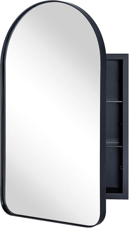Matt Black Arched Recessed Bathroom Medicine Cabinet with Mirror Metal Framed Arch Vanity Cabinet with Mirros for Wall 16x28.3''