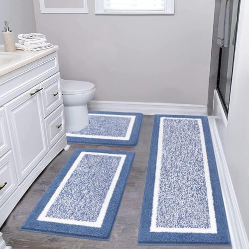 Pauwer Bathroom Rug Sets 3 Piece, Non Slip Washable Bath Mat, Blue