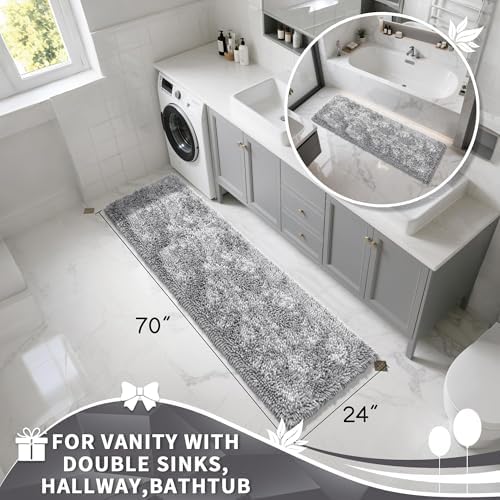 Yimobra Long Bathroom Rugs Runner 70x24 Inch, Extra Thick Soft Absorbent Chenille Bath Mat, Non Slip Machine Washable, Quick Dry Bath Rugs for Bathroom Floor, Tub and Shower, Light Grey
