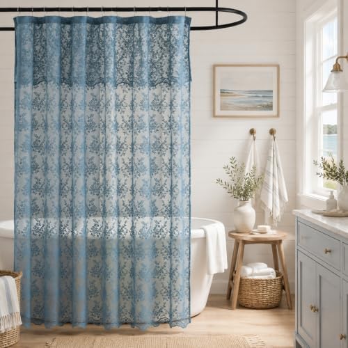 TUDECO Slate Blue Lace Shower Curtain with Valance, 72x72 Inch, 1 Panel