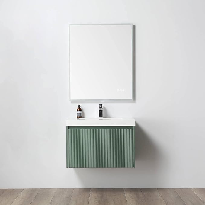 Blossom 30 Inch Bathroom Vanity with Sink, All Wood Wall Mounted Floating Bathroom Vanity Cabinet with Acrylic Sink, Bathroom Sink Cabinet w/Soft-Close Drawer, Modern Style Vanities, Aventurine Green