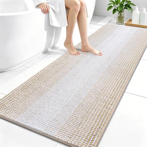 OLANLY Bathroom Runner Rugs 59x24, Soft Chenille Striped Bath Rugs, Beige
