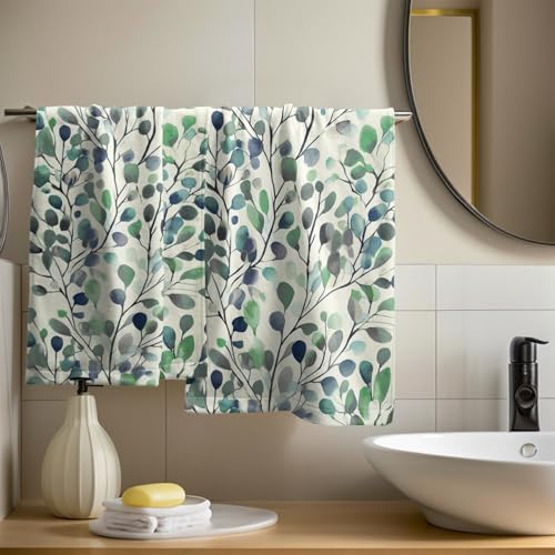 Leaves Floral Hand Towels 14x28 Inch Grey Green Boho Floral Absorbent Microfiber Soft Dish Washing Cloth Face Tea Towels for Home Hotel Gym Laundry Room Kitchen Bathroom Decor