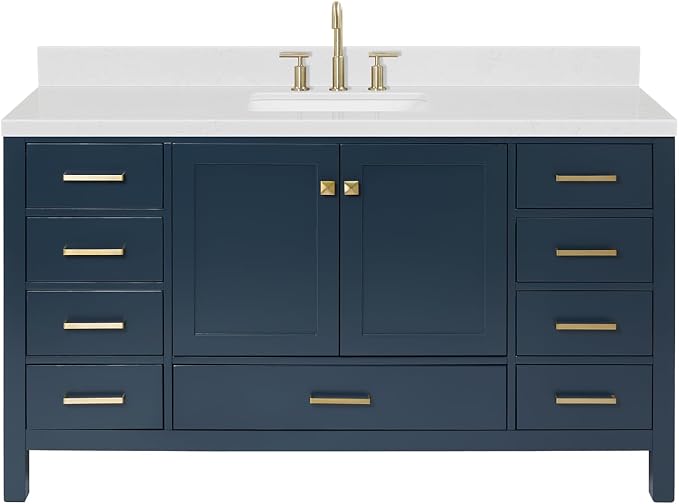 ARIEL Cambridge 60-inch Bathroom Vanity with Sink,Solid Wood, 1.5-inch Carrara White Quartz Countertop, Single Rectangular Porcelain Sink, 2 Soft Closing Doors, 9 Dovetail Drawers, Midnight Blue