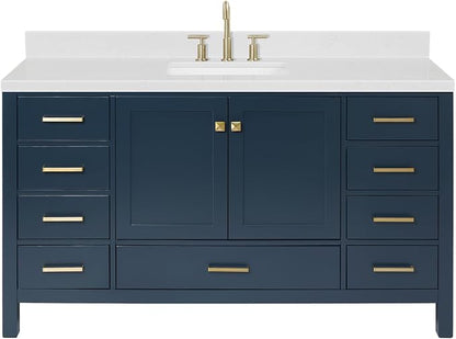 ARIEL Cambridge 60-inch Bathroom Vanity with Sink,Solid Wood, 1.5-inch Carrara White Quartz Countertop, Single Rectangular Porcelain Sink, 2 Soft Closing Doors, 9 Dovetail Drawers, Midnight Blue