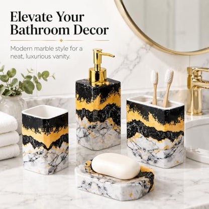 4 Piece Bathroom Accessories Set - Black and White Includes Lotion Dispenser, Toothbrush Holder Tumbler, and Soap Dish - Glossy Finish (Marble, Black, and White)