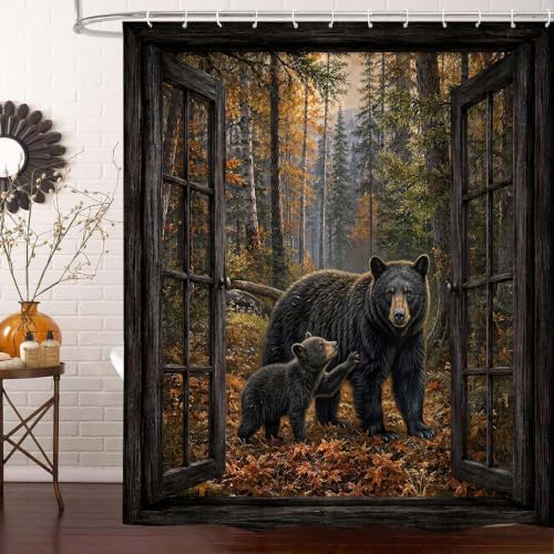 Rustic Bear Shower Curtain, Cabin Forest Window Scene 72x72 inch