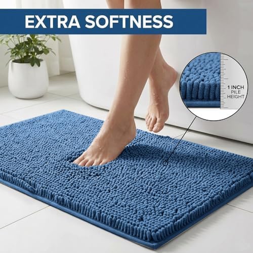 Bathroom Rugs Sets 2 Piece,Super Absorbent Chenille Bath Mats and U-Shaped Toilet Rug,Strong PVC Non Slip Backing,Microfiber Washable Dry Quickly Bath Mats for Bathroom(20"x32"+20"x20"U, Medium Blue)