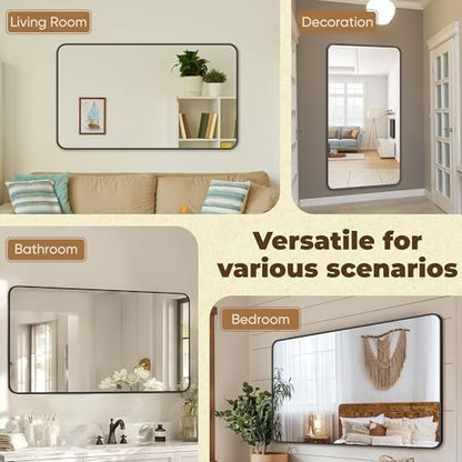 Antok 50x30 Black Metal Framed Bathroom Mirror, Wall Mirror with Round Corners, Vanity Mirror for Over Sink, Anti-Rust Tempered Glass, Horizontal/Vertical Hanging for Bathroom, Living Room, Entryway