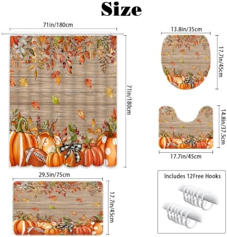 MEHOFOND Fall Shower Curtain Set 4-Piece Pumpkin Wood Bathroom Set