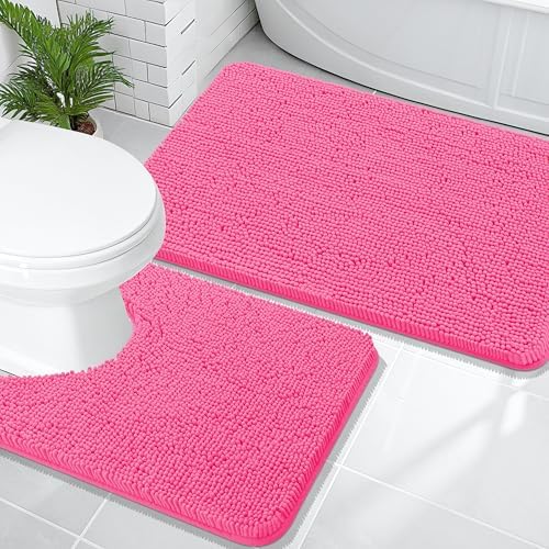 OLANLY Chenille Bathroom Rugs Mats Sets 2 Piece, 36"x24"+24"x20", Hot Pink