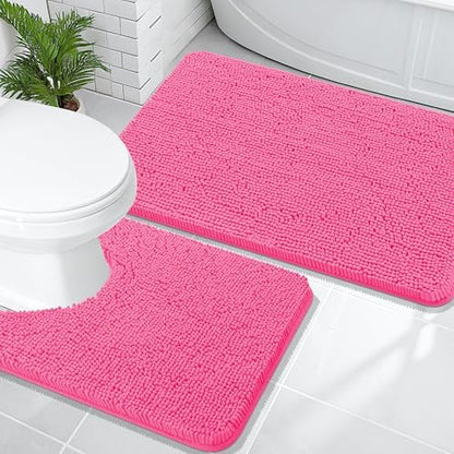 OLANLY Chenille Bathroom Rugs Mats Sets 2 Piece, 36"x24"+24"x20", Hot Pink