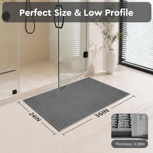tchdio Bath Mat, Absorbent Bathroom Mat Quick Dry, Thin Bathroom Rugs Fit Under Door, Non Slip Washable Bath Rugs with Solid Rubber Backing, Low Profile Bath Mats for Bathroom, Grey, 24" x 36"
