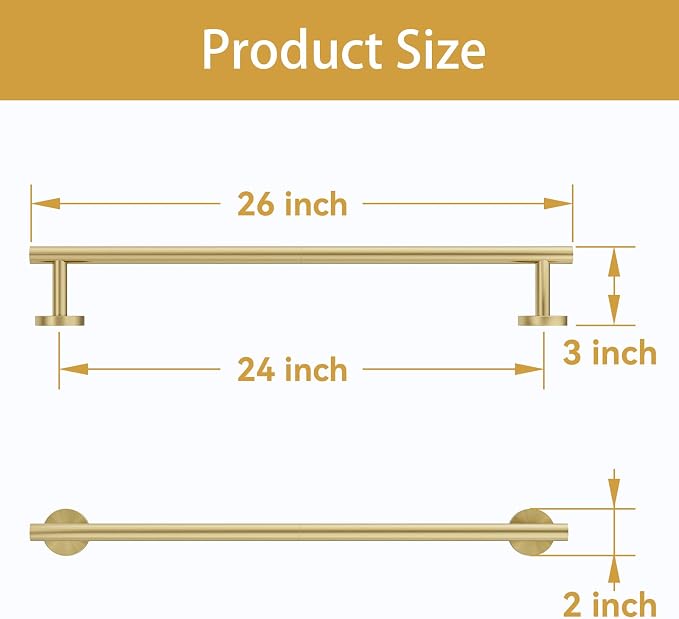 Brushed Gold Towel Bar, 24 Inch Bathroom Towel Rack | (Total Length 26-Inch), Towel Holder Wall Mounted, Thicken SUS304 Stainless Steel Towel Rod Modern Home Decor