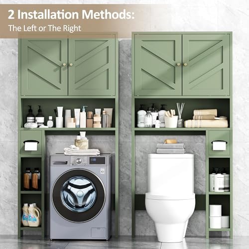 65.4" Over the Toilet Storage Cabinet, 29.1" Wide Bathroom Organizer with Toilet Paper Holder & Adjustable Shelf, Freestanding Space Saving Cabinet for Apartment, Laundry, Green