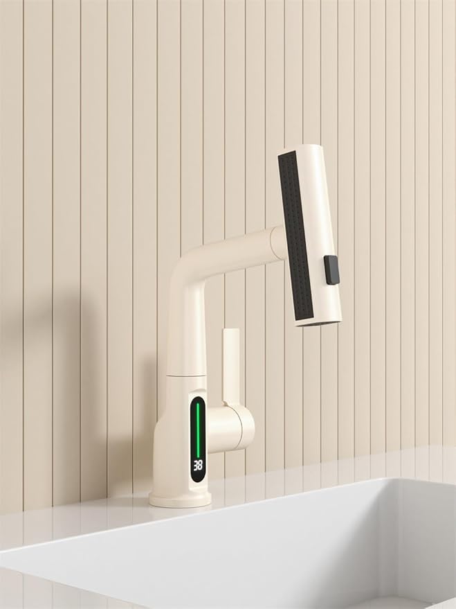 Bathroom One Hole Sink Basin Faucet with Waterfall Pull Down Sprayer,Vanity Single Handle 1 Hole Pull Out Faucet with Rainfall Spray Head Temperature Digital Display Mixer Tap Cream White