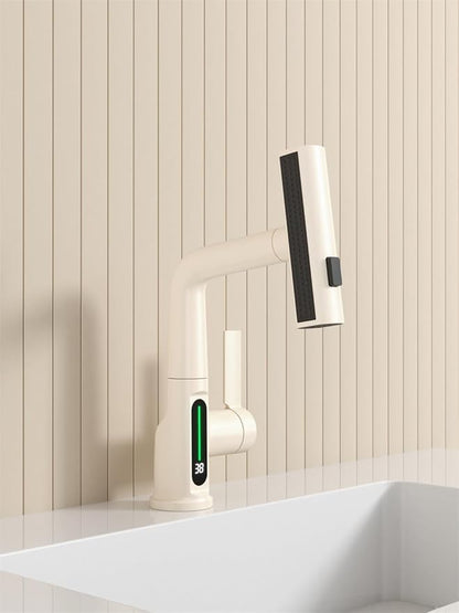 Bathroom One Hole Sink Basin Faucet with Waterfall Pull Down Sprayer,Vanity Single Handle 1 Hole Pull Out Faucet with Rainfall Spray Head Temperature Digital Display Mixer Tap Cream White