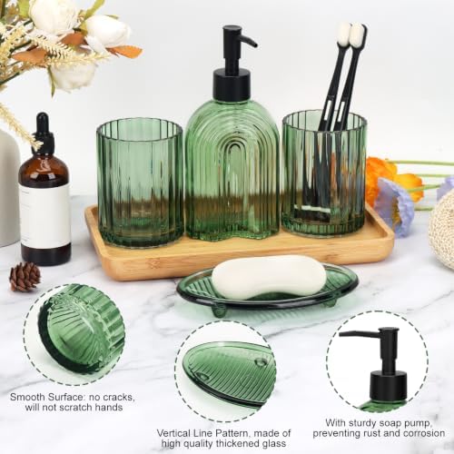 Bathroom Accessories Set, 4Pcs Glass Bathroom Accessories Set Complete, 11.6OZ Lotion Soap Dispenser, Toothbrush Holder, Mouthwash Cup, Soap Dish for Bathroom Decor, Countertop Organizer (Green)